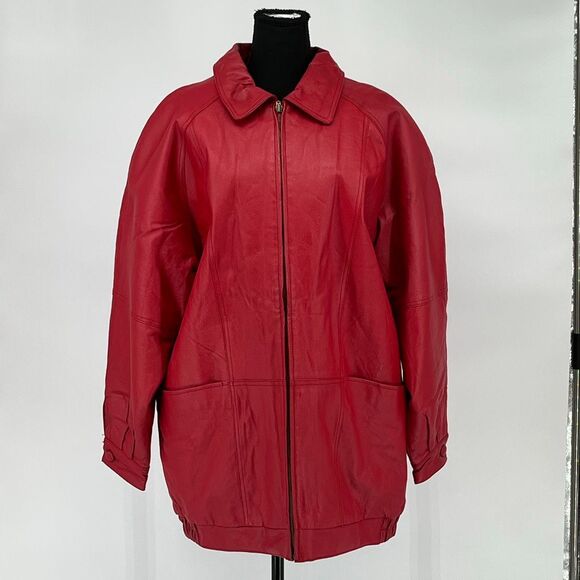 Venezia Jackets & Blazers - VENEZIA Vtg Leather Jacket Women's Size XL Red Quilted Lining Full Zip Coat Pkts